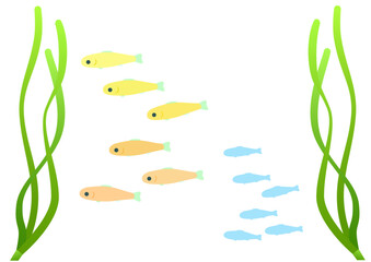 A school of young fish in an eelgrass bed. Set of cartoon-style illustrations of colorful young fish and silhouettes.