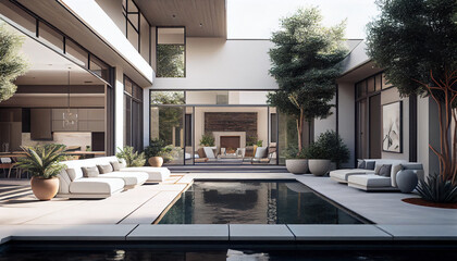 Fototapeta na wymiar Modern villa with pool and deck with interior