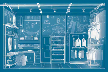 Bright shop hanger with clothes, blueprint, sketch illustration, Generative AI