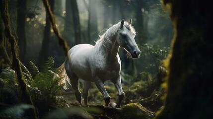 Fototapeta na wymiar misplaced white horse gallops through the rainforest undergrowth as a metaphor for climate change, generative ai