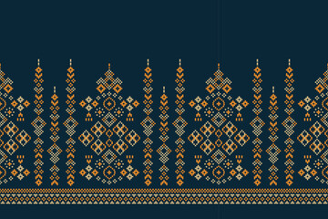 Ethnic geometric fabric pattern Cross Stitch.Ikat embroidery Ethnic oriental Pixel pattern navy blue  background. Abstract,vector,illustration.For texture,clothing,wrapping,decoration,carpet.
