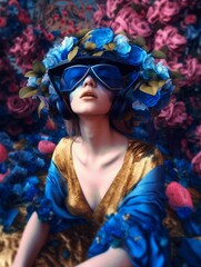 (fictional person) surreal blue red fiction of beautiful woman with sunglasses lying in a bed of flowers, generative ai