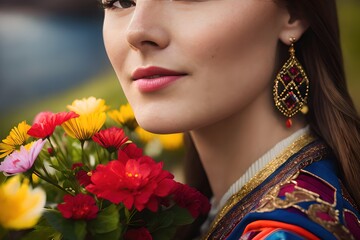 Naklejka premium Portrait of a beautiful young happy scandinavian woman in the national dress of the lappar (Saami) in Norwegian fjords. Travel concept. Generative AI