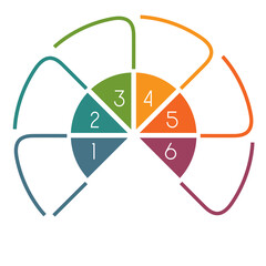 Infographic Semicircle template colourful lines with text areas on 6 positions