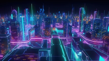 Modern city with wireless network connection and cityscape concept. Wireless network and connection technology concept with city background at night. - obrazy, fototapety, plakaty