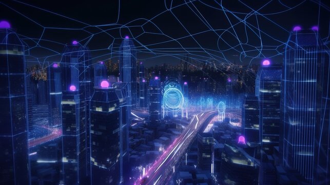 Smart city and abstract points of technological connection with lines.