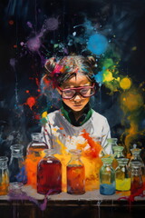 colorful grunge painting of girl doing science experiments, made with generative ai