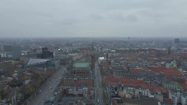 Aerial of Copenhagen's city center on a cloudy day