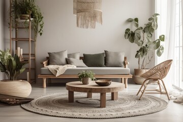 Contemporary interior design with grey couch, coffee table, macrame, plants, carpet, and stylish accessories. Minimalist house décor. Template. Generative AI
