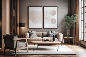 Chic living room with featuring plush sofa and stylish coffee table. Modern interior. Made with Generative AI.