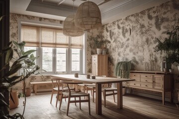 Obraz na płótnie Canvas White and beige wooden farmhouse dining room. Floral wallpaper, seats, table. Japanese interiors. Generative AI