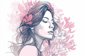 Fototapeta premium Beautiful woman in pink flowers, Generative AI