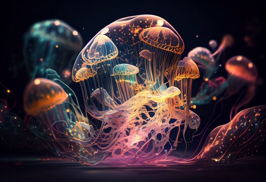 Jellyfish Dancing in the Space. Fantastic  Wallpaper Background.  Image created with Generative AI technology