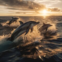 A group of dolphins jumping out of the water while there is a sunset in the background  - created by generative AI