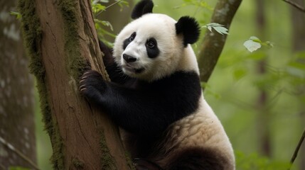 Obraz na płótnie Canvas Cute Panda in the forest on a tree - created by generative AI