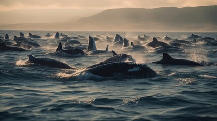 Fototapeta na wymiar A group of whales in the ocean - created by generative AI