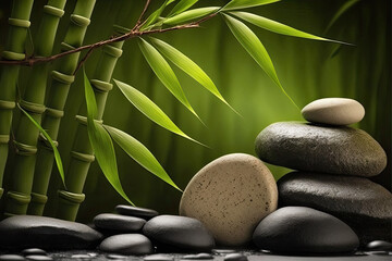 spa relaxation background with round stones and green bamboo. Generative AI