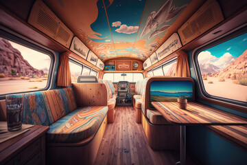 interior of a van that was converted into a camper. campervan life concept. Generative AI