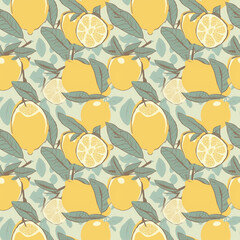 Seamless pattern of Abstract lemons. Citrus background. Perfect for wallpaper, textiles, and web backgrounds, package design. Good quality for repeating design. Generative AI.