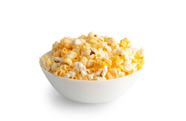 Tasty cheese popcorn in bowl isolated on white background close up. Movies, cinema and entertainment concept.