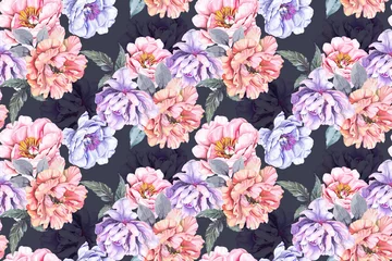 Foto auf Acrylglas Peony seamless pattern with watercolor on purple background.Designed for fabric luxurious and wallpaper, vintage style.Hand drawn floral pattern illustration © joy8046