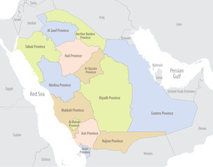 Detailed map of Saudi Arabia with administrative divisions and borders of neighboring countries, vector illustration on white background