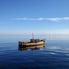 Lonely boat on a calm sea - AI Generative