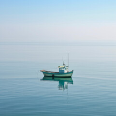Naklejka na ściany i meble Lonely boat on a calm sea - AI Generative