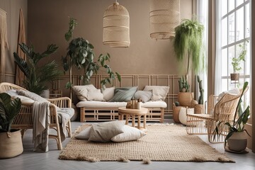 Zen interior with potted bamboo plant, natural interior design concept, boho living room with rattan furniture, wabi sabi couch, architectural idea,. Generative AI