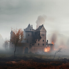 Fototapeta na wymiar Fantasy medieval castle siege on a foggy day - AI Generative