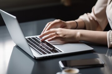 Business woman hands typing on laptop computer, surfing the internet, online working from home office with mobile phone, digital tablet on office table, freelancer at work, telecommuting concept