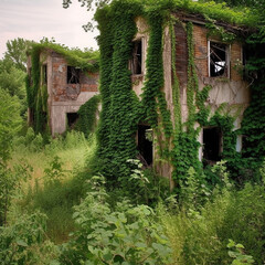 Fototapeta na wymiar Post Apocalyptic houses invaded by vegetation - AI Generative