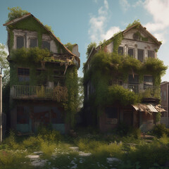 Post Apocalyptic houses invaded by vegetation - AI Generative