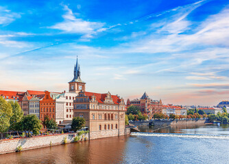 Scenic view of bridges on the Vltava river and of the historical center of Prague, Czech Republic.