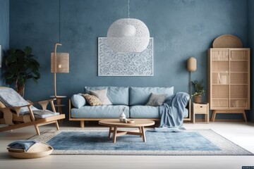 Scandinavian interior design of blue living room with contemporary furniture, antique wallpaper backdrop with wooden decoration, home decor, poster mockup,. Generative AI