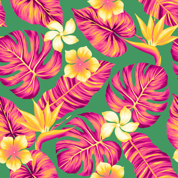 Tropical seamless pattern. Colorful vivid print with beautiful palm jungle leaves and flowes. Repeated luxury design for packaging, cosmetic, fashion, textile, wallpaper. Realistic high quality