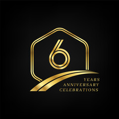 6 years anniversary. Lined gold hexagon and curving anniversary template.
