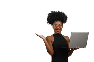 woman with laptop looking at the camera and pointing to the left side of the image, black woman...