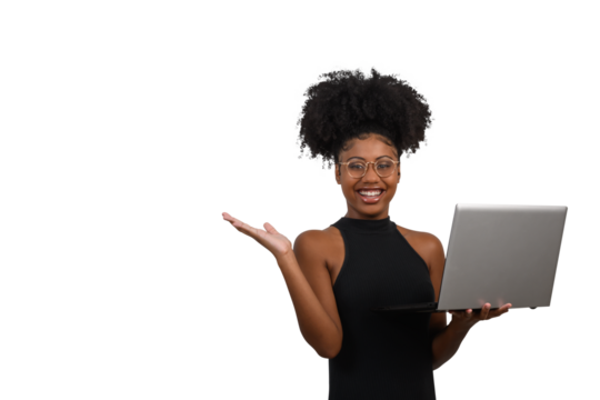 woman with laptop looking at the camera and pointing to the left side of the image, black woman advertising concept