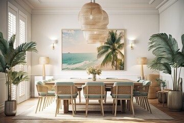 Palm filled coastal dining room. Homey backdrop. Hamptons illustration. Banner. Generative AI