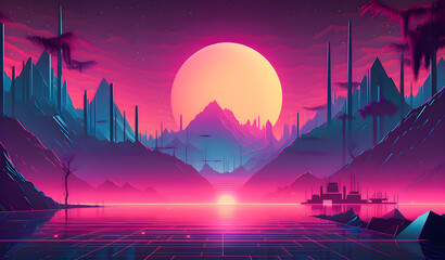 Retrowave sunset in low poly style illustration, Generative AI