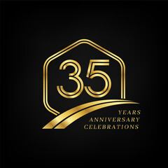 35 years anniversary. Lined gold hexagon and curving anniversary template.