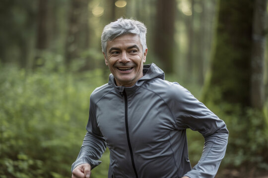 senior male with grey hair keeping fit by jogging in a park. Generative ai
