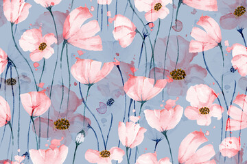 Seamless pattern poppies and abstract background with watercolor.Designed for fabric and wallpaper.