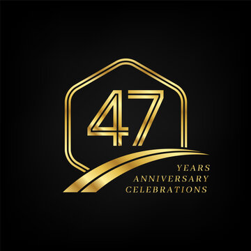 47 years anniversary. Lined gold hexagon and curving anniversary template.