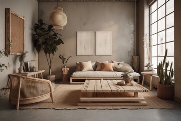 Fototapeta premium Wabi sabi living room. Interior mockup,. Generative AI