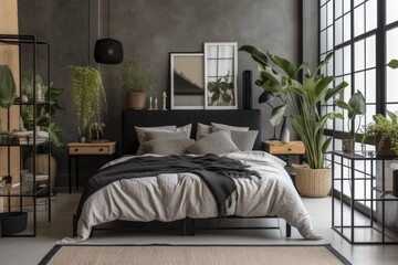Scandinavian bedroom with mullions and cozy bed. Generative AI