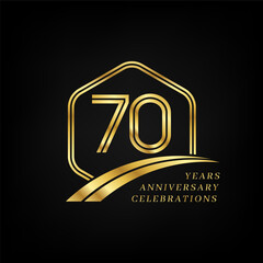 70 years anniversary. Lined gold hexagon and curving anniversary template.