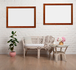 Rattan Living Room Loveseat on white brick wall background with photo frames mockup