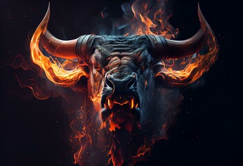 angry bull head with fire. Generative AI
